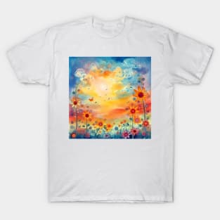 Spring morning sunny landscape with flowers and butterflies. T-Shirt